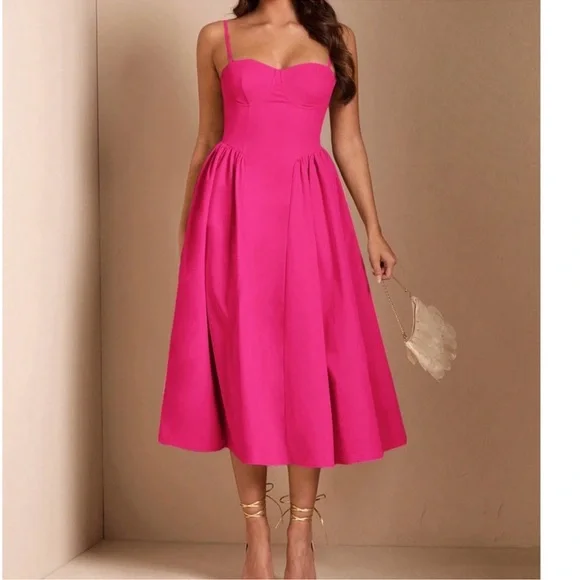 Classic Pink Solid High Waist Flared Cami Party Evening Dress XS S M L XL - Picture 2 of 3